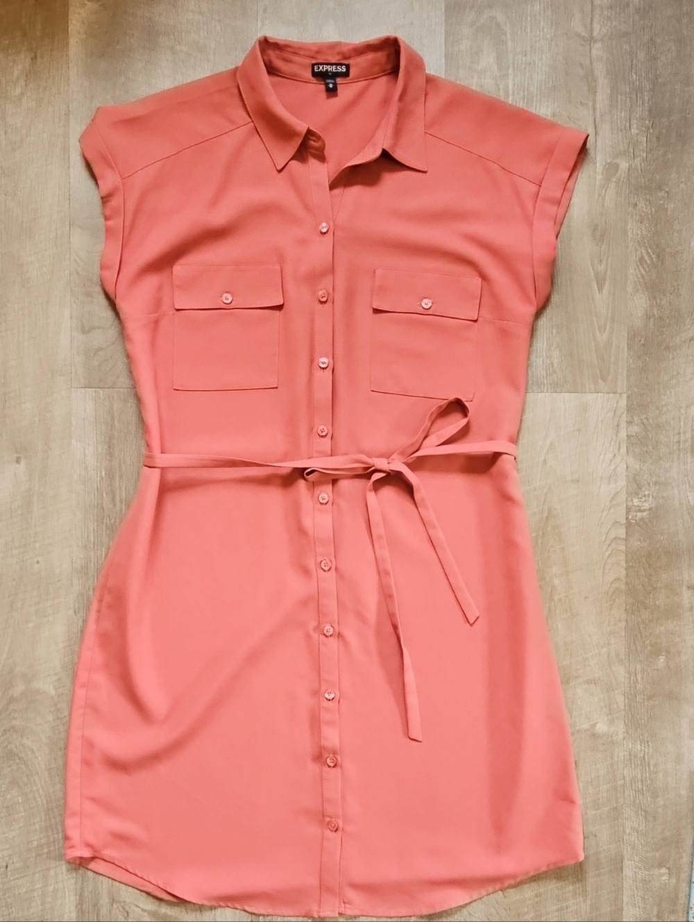 Express Coral-Peach Shirt Dress with Tie Waist